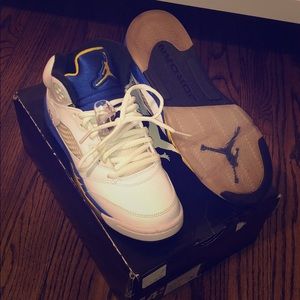 Retro Jordan 5s in White/Varsity Royal Blue/Yellow